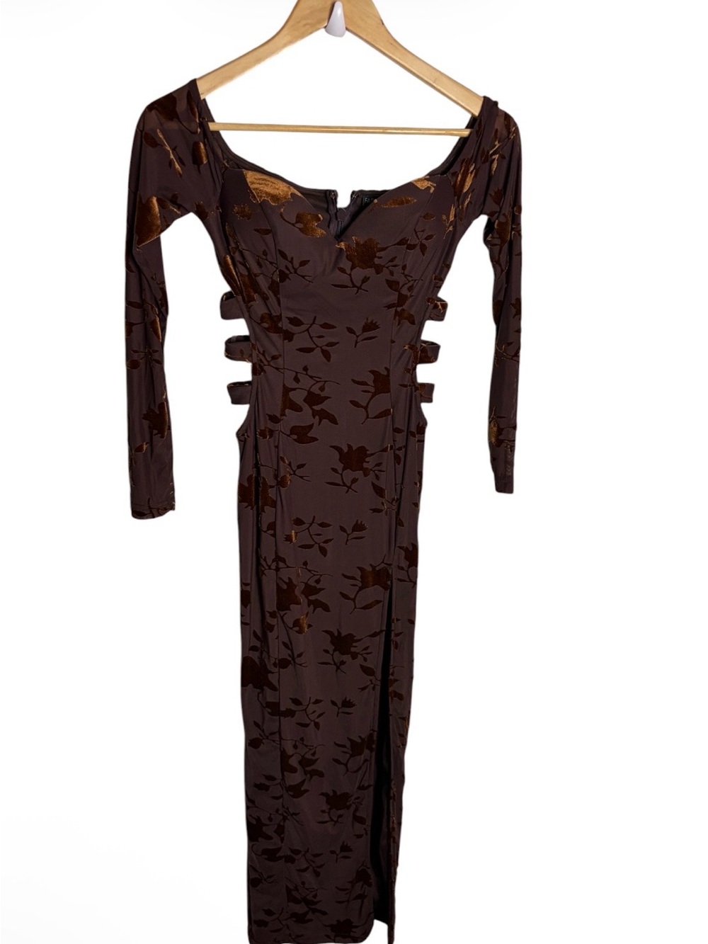 NWT brown & bronze burnout velvet floral cutout dress size XS